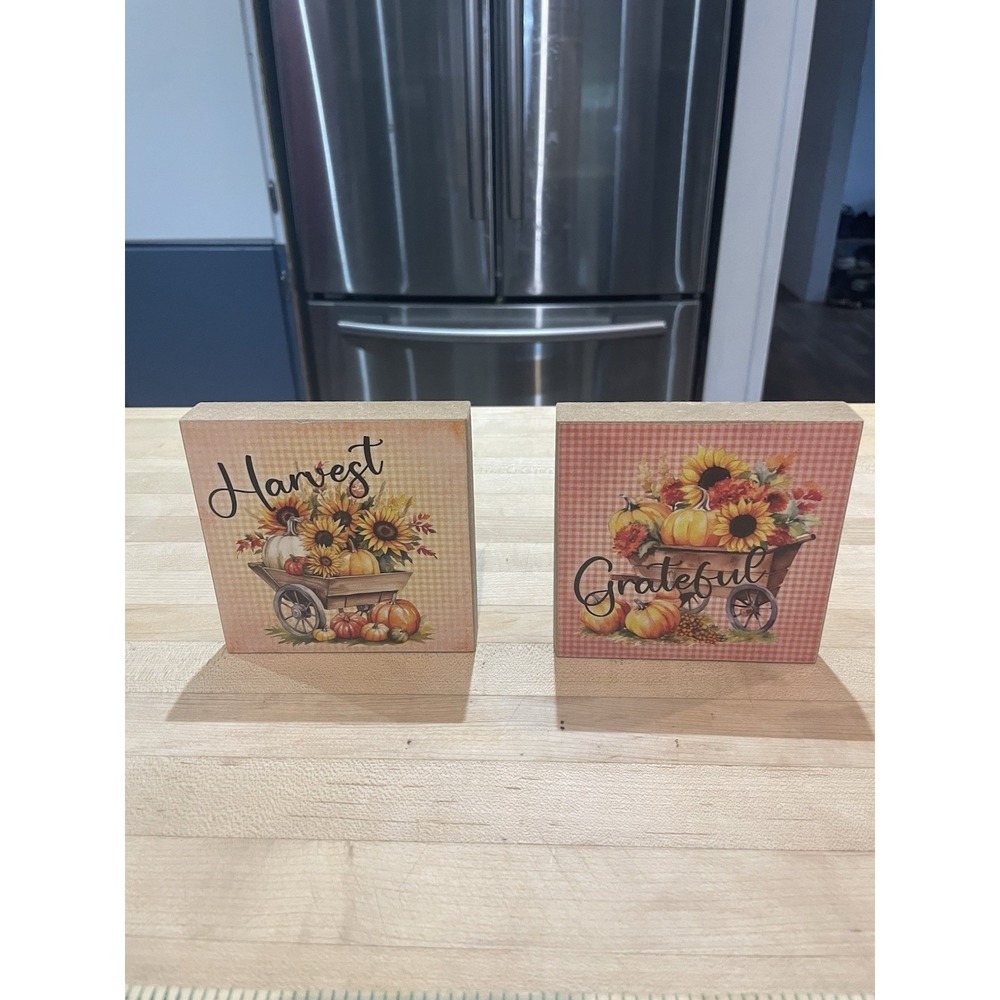 Set Of 2 5 X 5 Harvest Grateful Block Shelf Sitters Fall Decor Pumpkin Sunflower